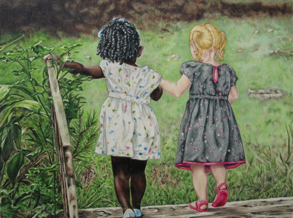 Friends, Two young girls crossing an old bridge